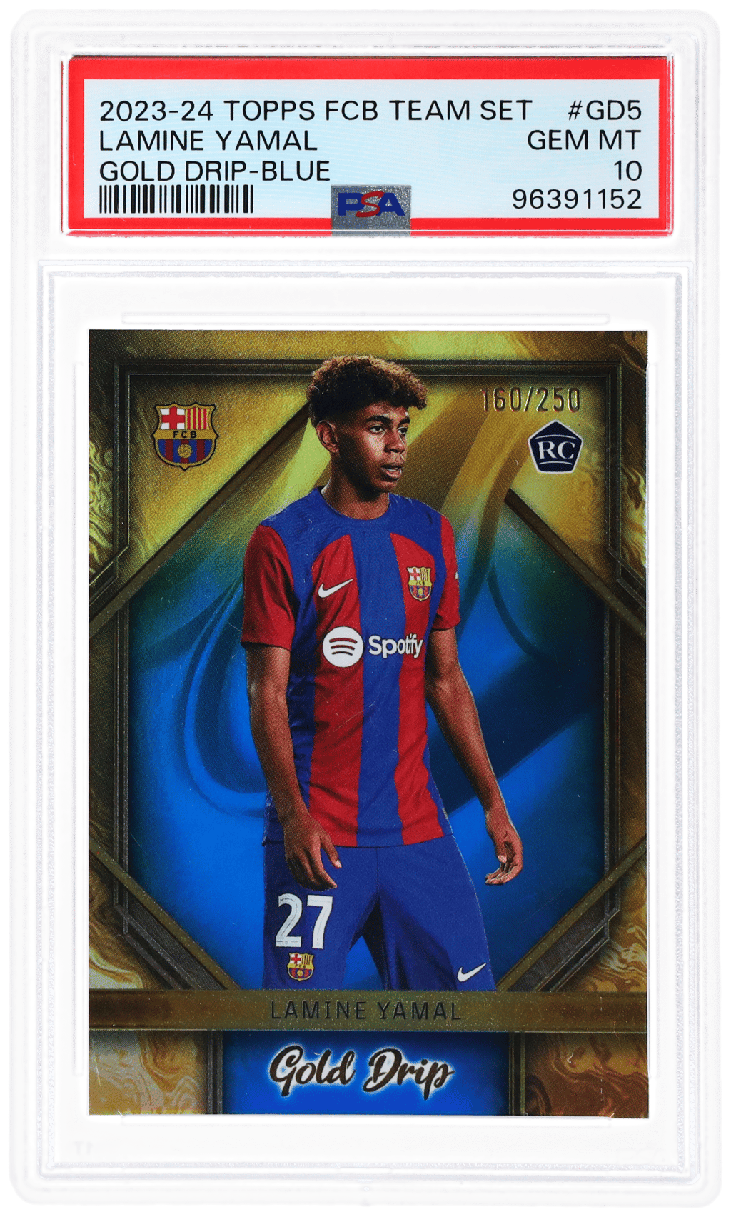 2023 Topps Barcelona Team Set Gold Drip Blue Lamine Yamal #GD5 160/250 PSA 10