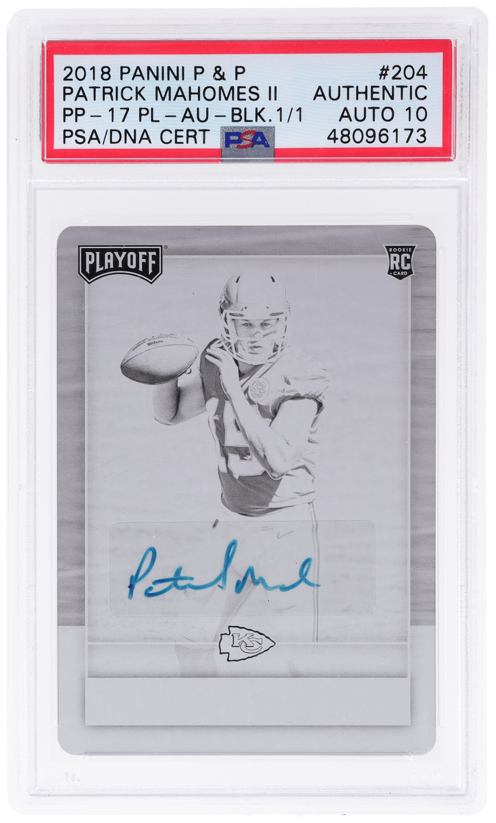 2018 Panini Plates and Patches '17 Playoff Autograph Black Printing Plate Patrick Mahomes II #204 1/1 PSA Auth
