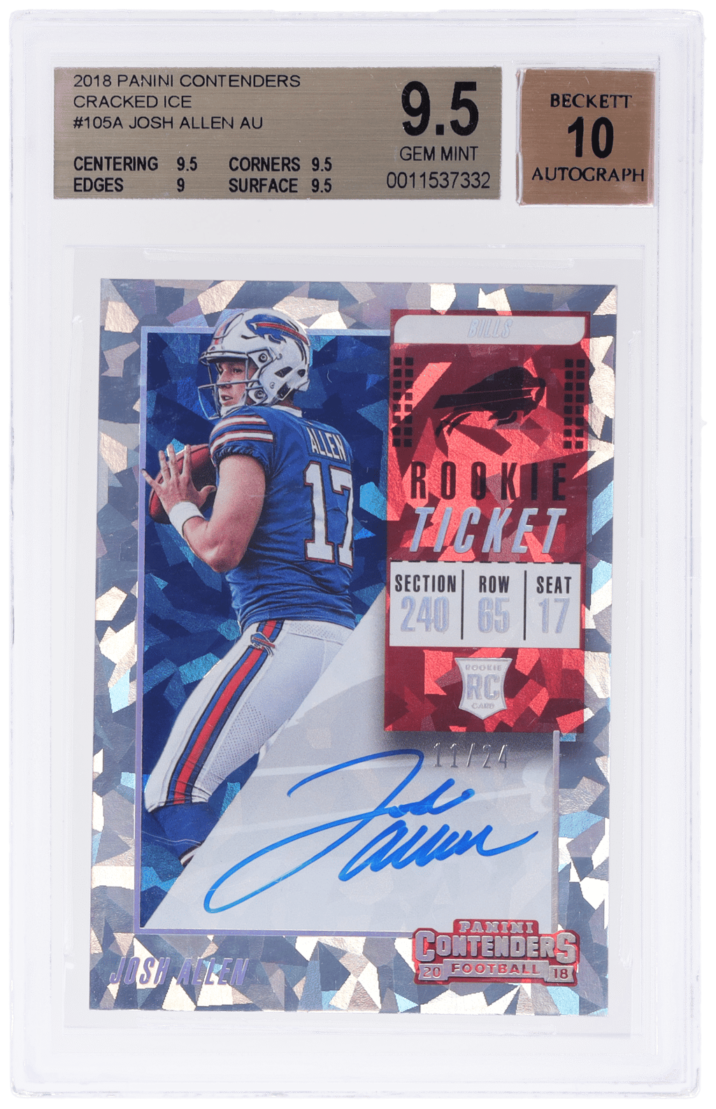 2018 Panini Contenders No Feet Rookie Ticket Autograph Cracked Ice Josh Allen #105 11/24 BGS 9.5