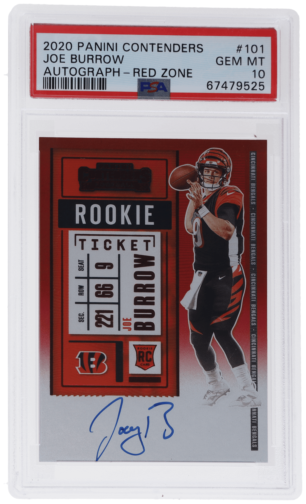 2020 Panini Contenders Rookie Ticket Autograph Red Zone Joe Burrow #101A PSA 10