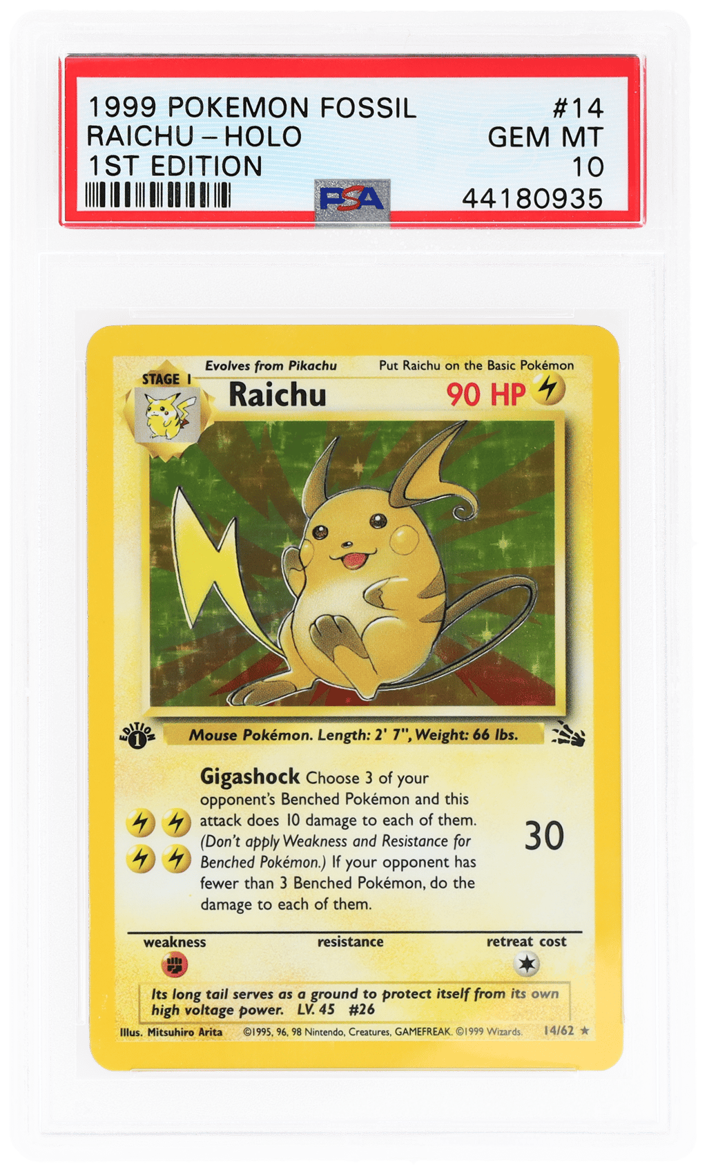1999 Pokemon Fossil 1st Edition Holo Raichu #14 PSA 10