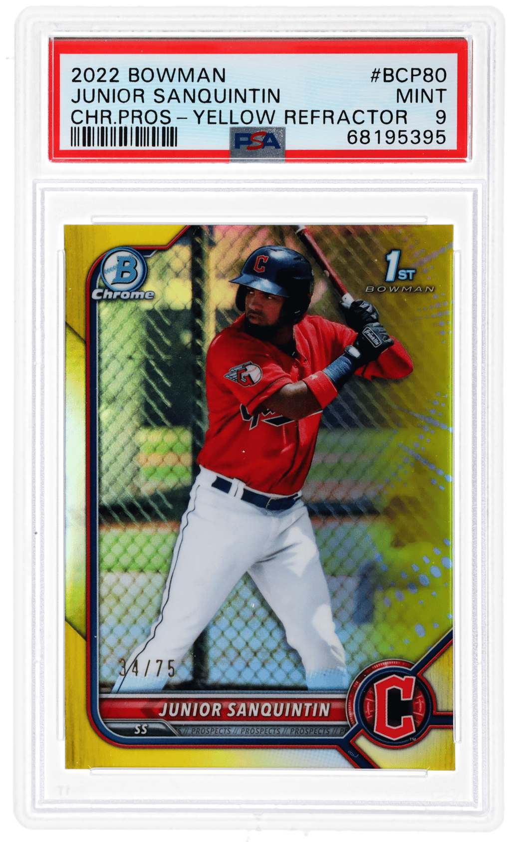 2022 Bowman Chrome Prospect Yellow Refractor Junior Sanquintin #BCP80 34/75 PSA 9