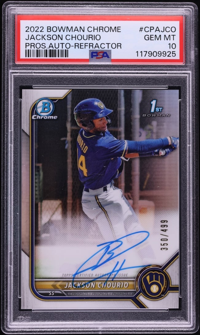 2022 Bowman Chrome Refractor Jackson Chourio PROSPECT AUTO /499 #CPA-JCO PSA 10 GEM MINT