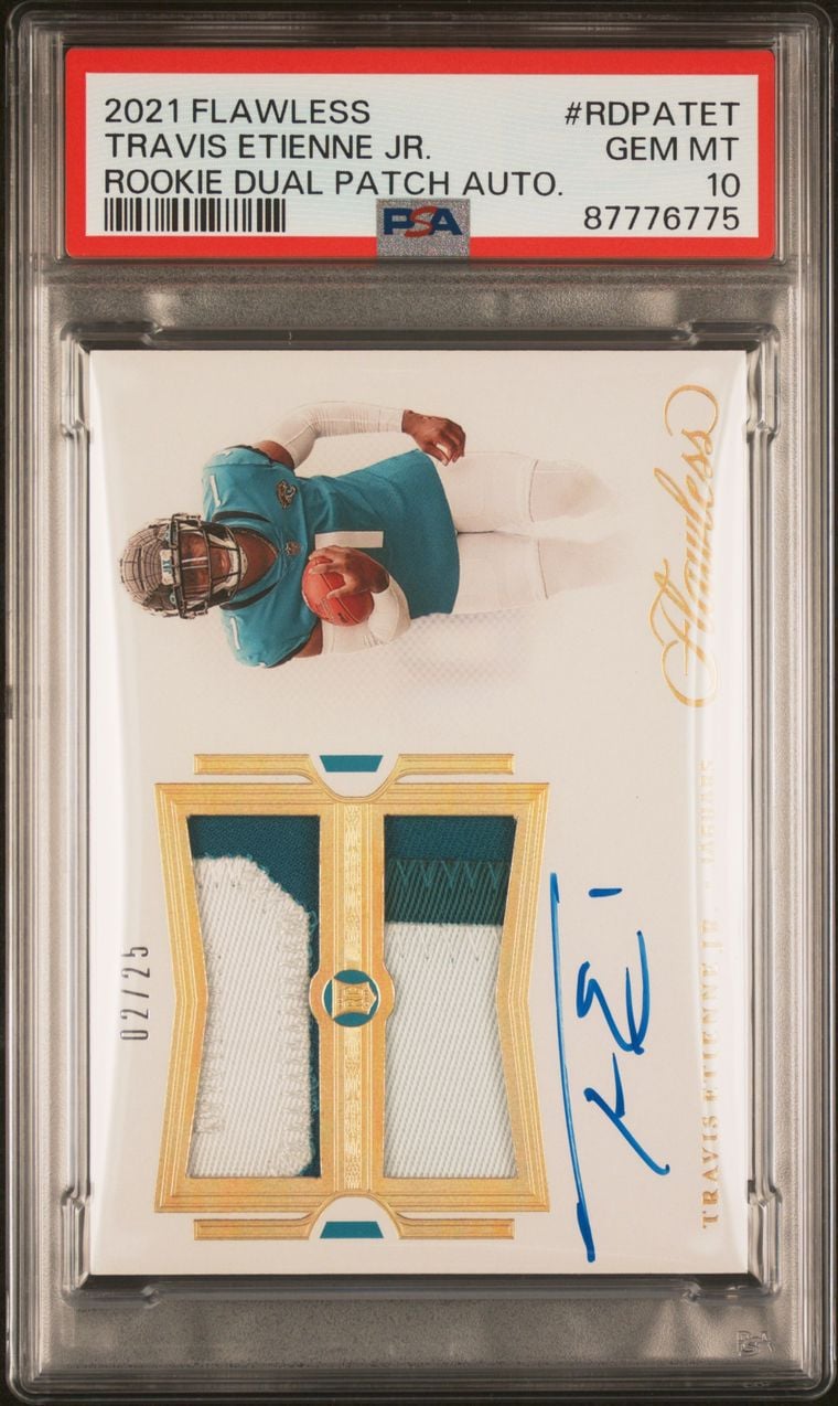 2021 TRAVIS ETIENNE JR. #02/25 FLAWLESS DUAL PATCH . PSA 10.0