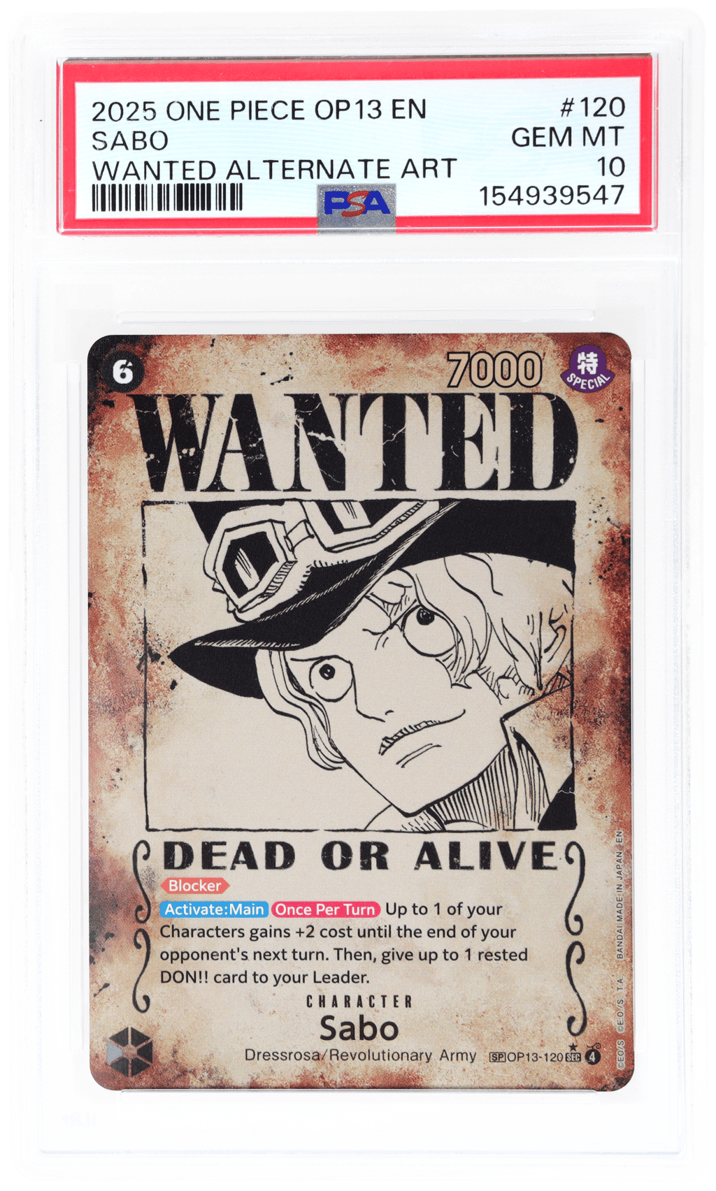 2025 One Piece Carrying On His Will Wanted Alternate Art Sabo #OP13-120 PSA 10