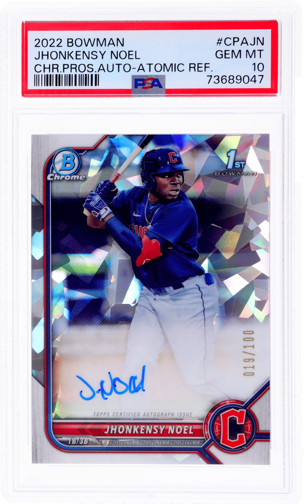 2022 Bowman Chrome Prospect Autograph Atomic Refractor Jhonkensy Noel #CPAJN 19/100 PSA 10