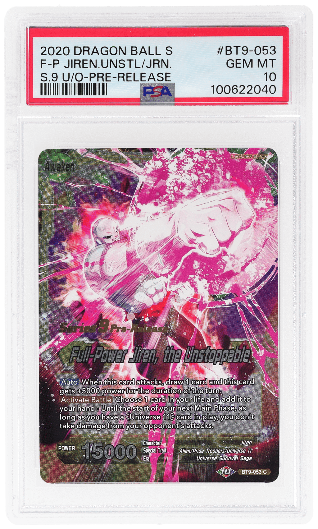 2020 Dragon Ball Super Series 9 Universal Onslaught Pre-Release Full-Power Jiren, the Unstoppable #BT9-053 PSA 10