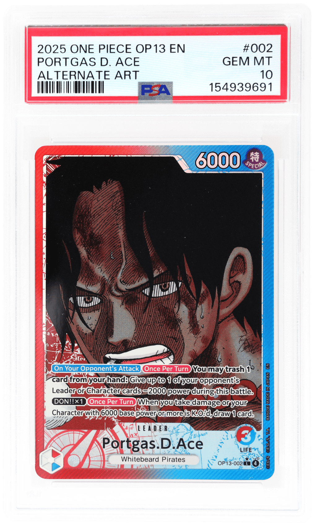 2025 One Piece Card Game Carrying On His Will Alternate Art Portgas D. Ace #OP13-002 PSA 10