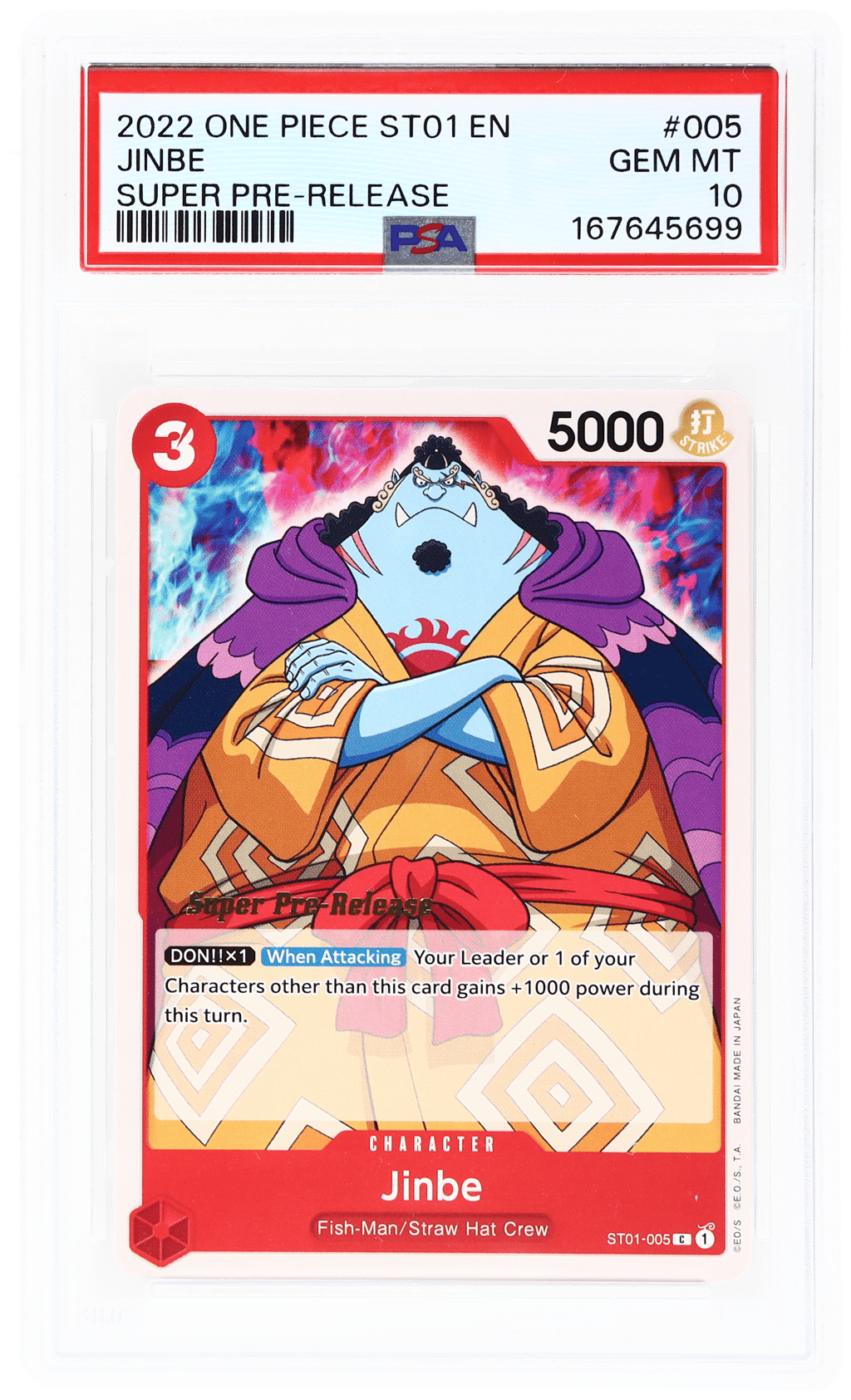 2022 One Piece Starter Deck Straw Hat Pirates Super Pre Release Jinbe #ST01005 PSA 10