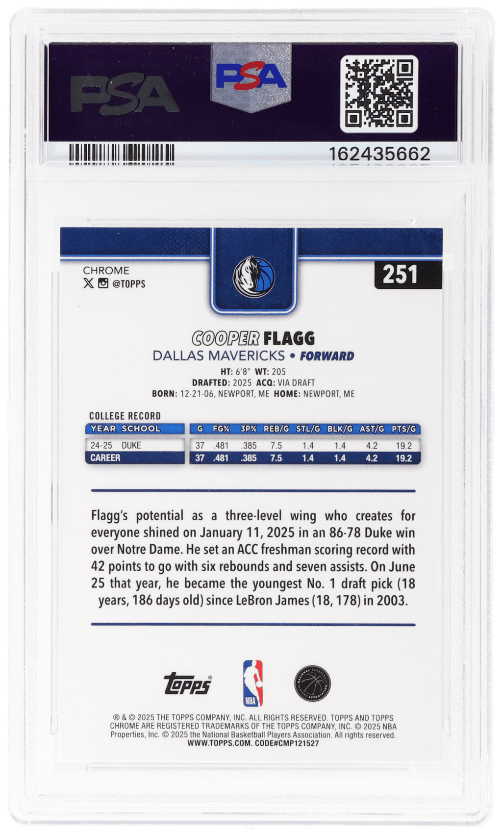 2025 Topps Chrome Cooper Flagg #251 PSA 9 (back)