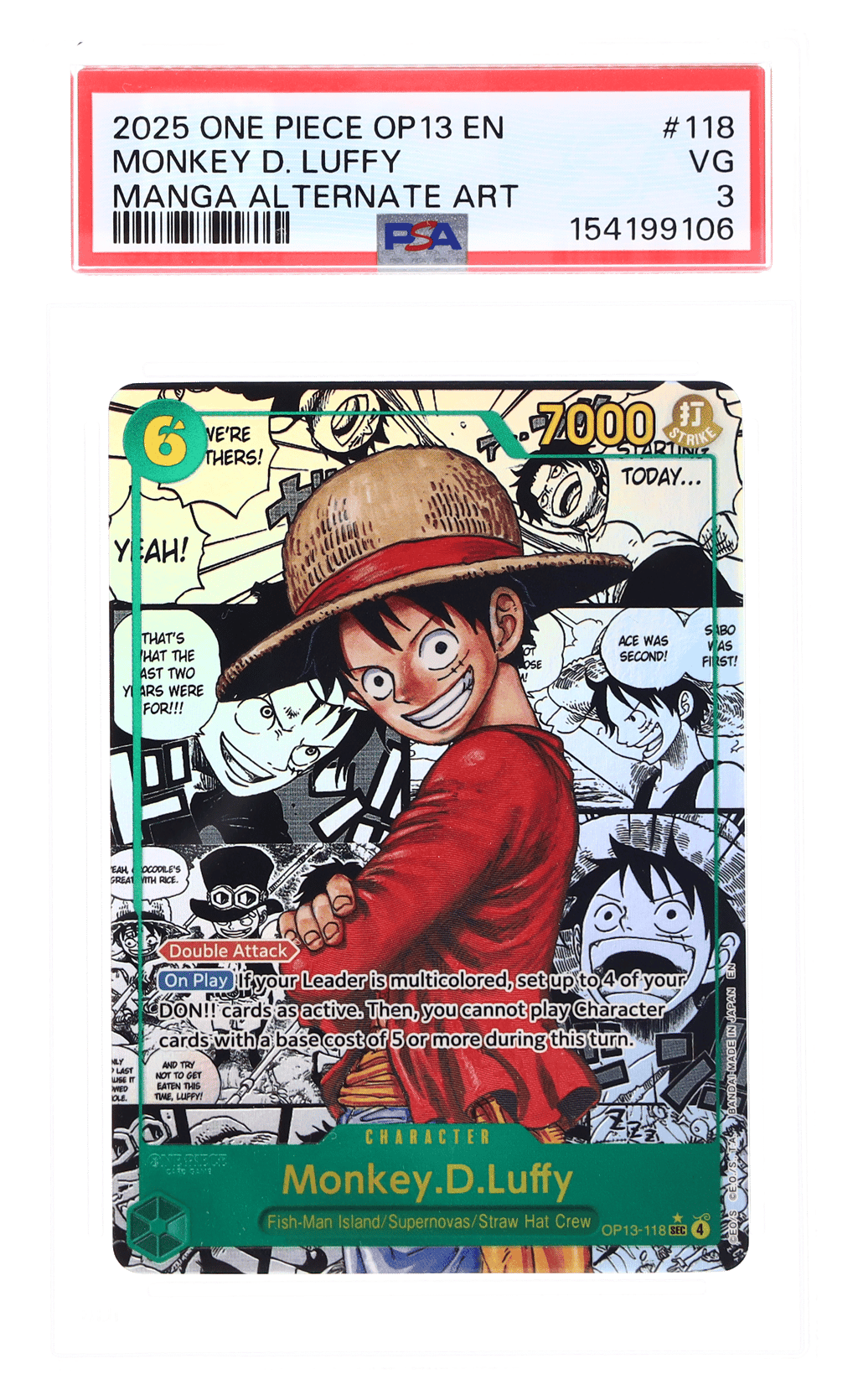 2025 One Piece Carrying On His Will Manga Alternate Art Monkey D. Luffy #OP13-118 PSA 3