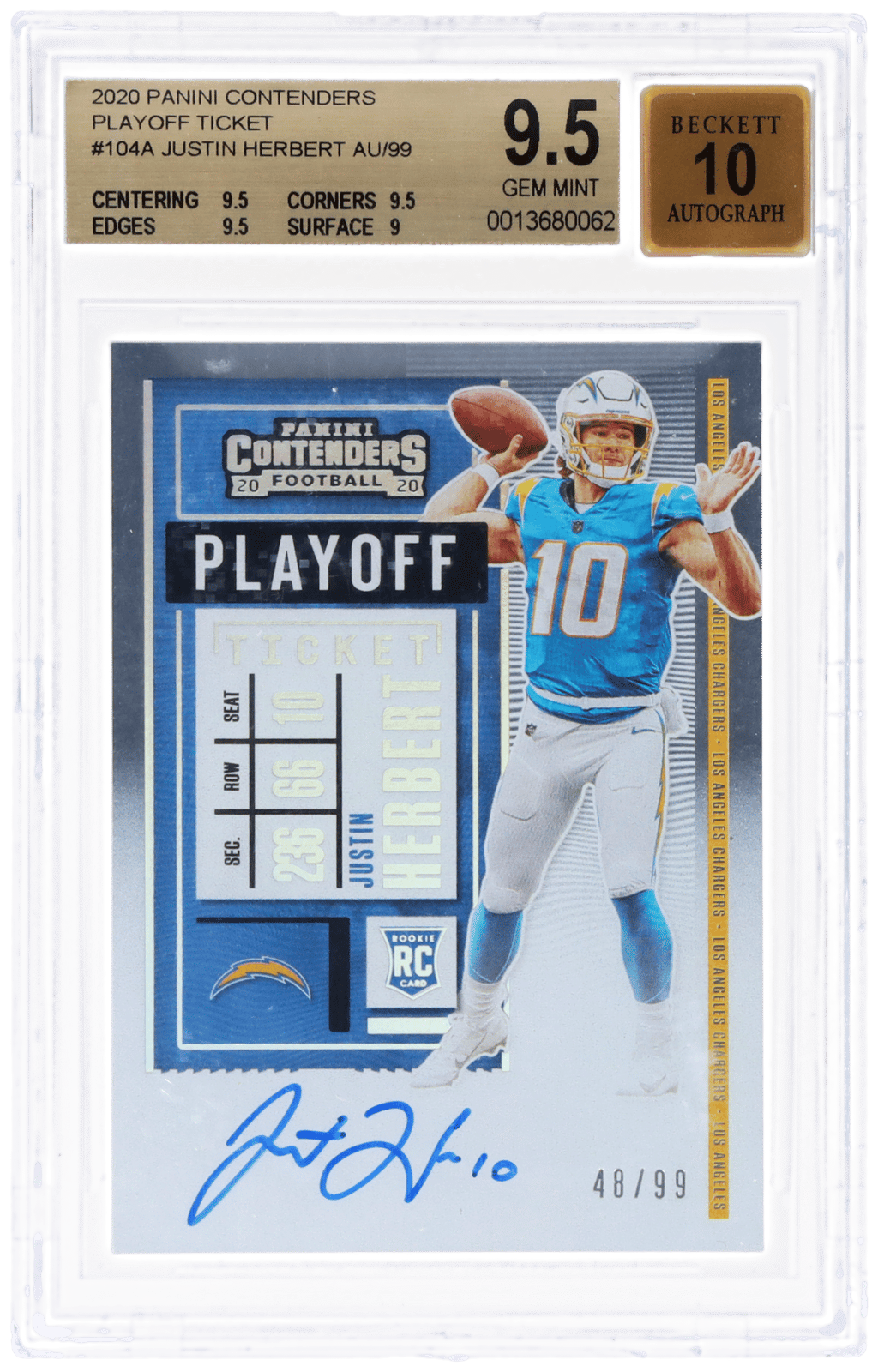 2020 Panini Contenders Playoff Ticket Autograph Justin Herbert #104A 48/99 BGS 9.5
