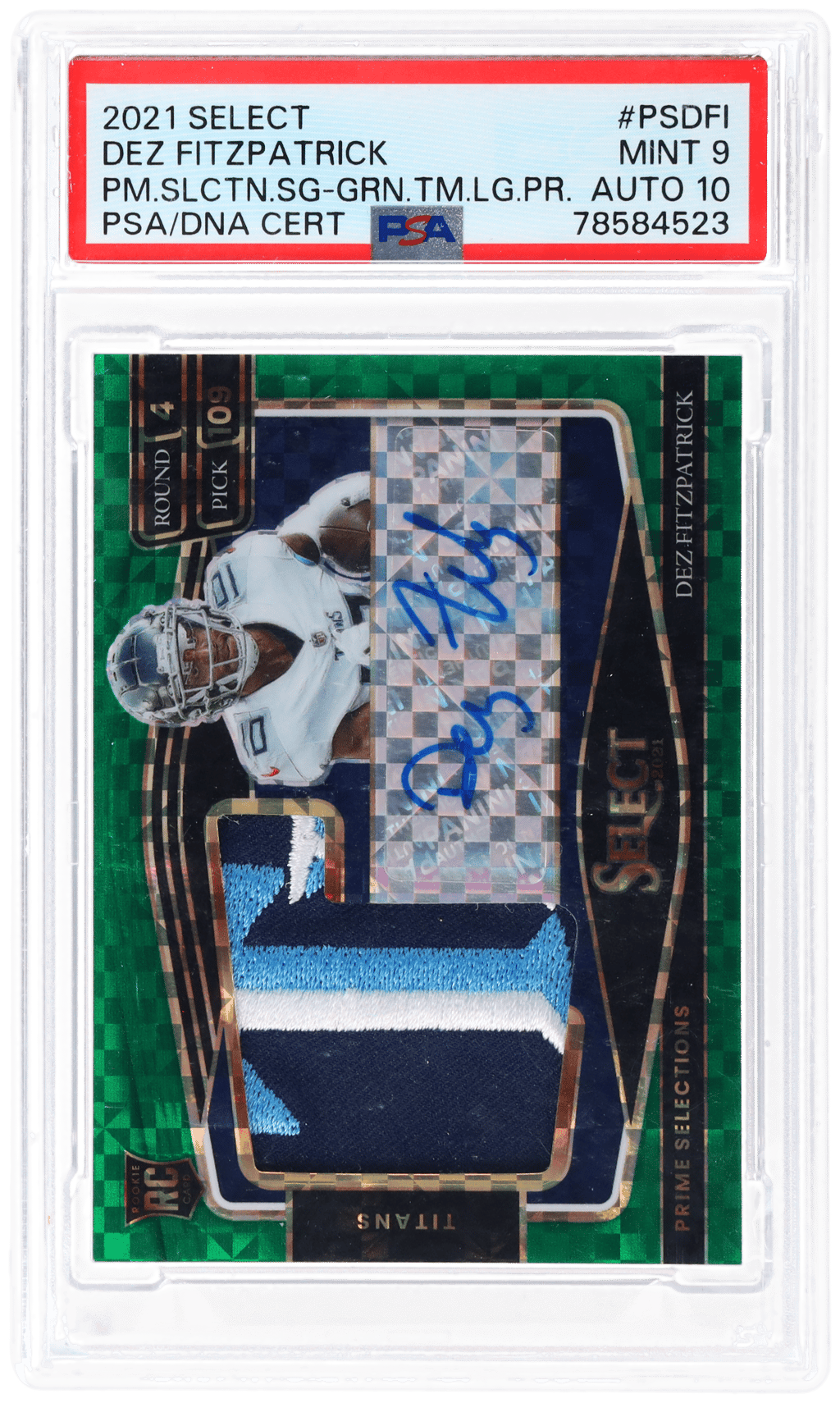 2021 Panini Select Prime Selections Signature Green Team Logo Prizm Dez Fitzpatrick #PSDFI 4/5 PSA 9