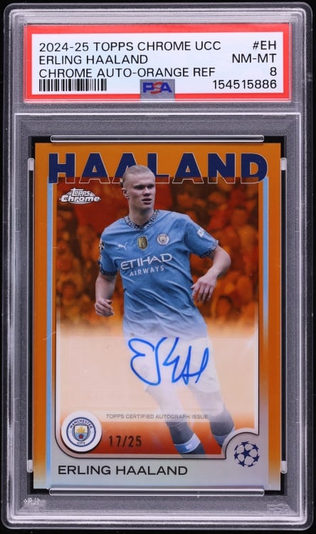 2024 Topps Chrome UEFA Club Competitions Orange Refractor Erling Haaland AUTO /25 #CA-EH PSA 8