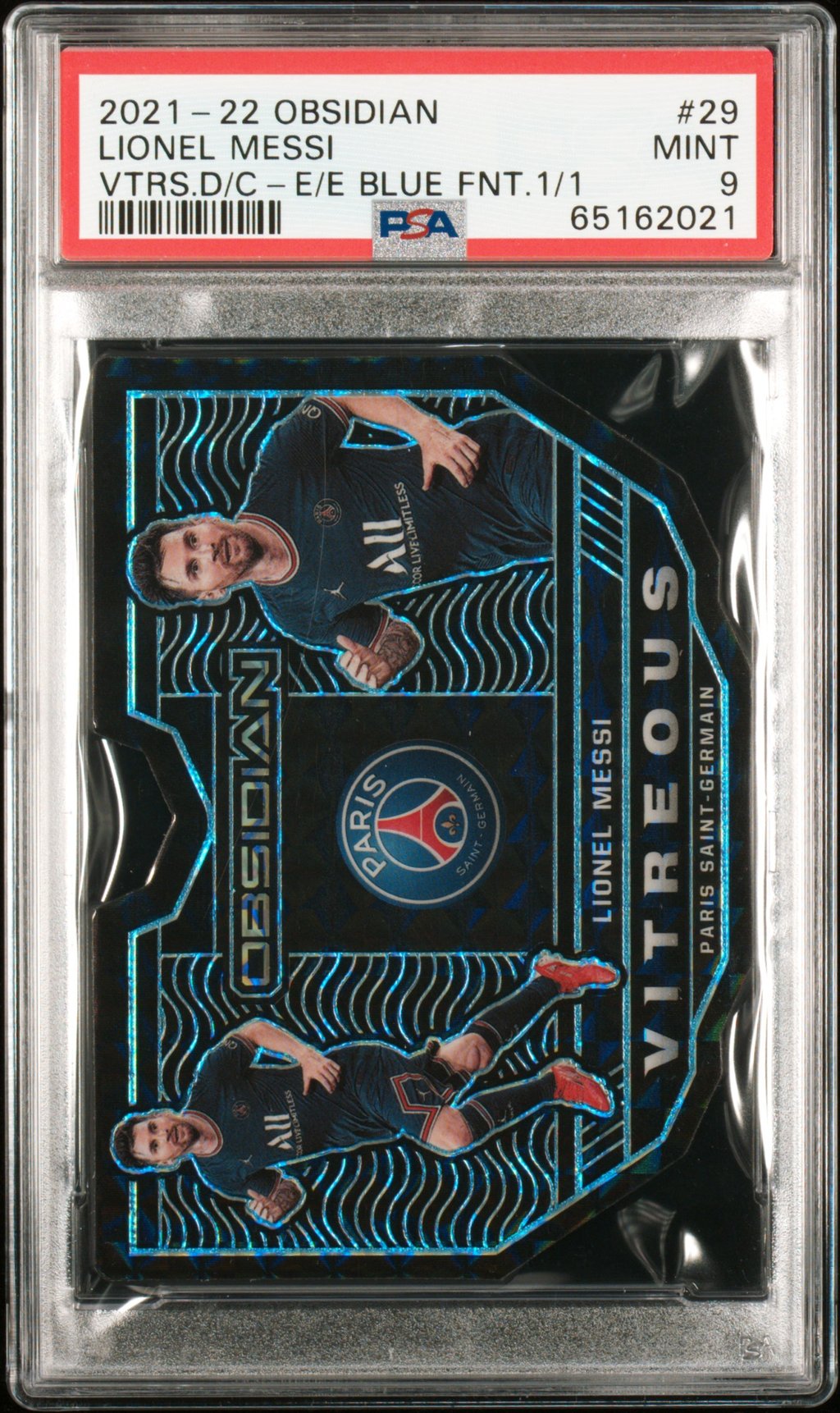 2021 Lionel Messi Obsidian Vitreous Die-Cut E/E Blue Front 1/1 PSA 9