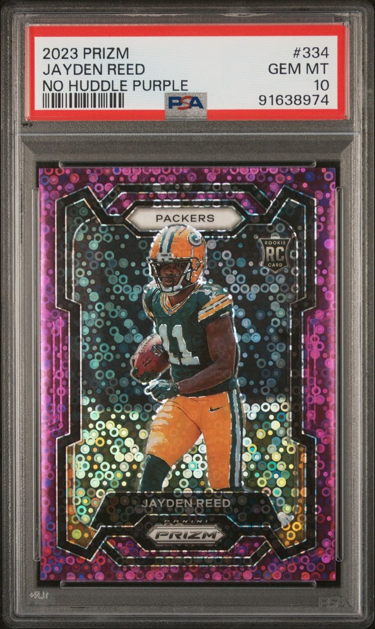 2023 Jayden Reed #334 Prizm No Huddle Purple PSA 10.0
