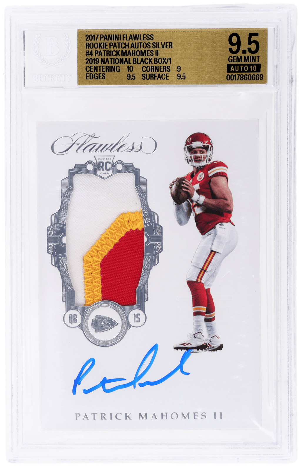 2017 Panini Flawless '19 Black Box Rookie Patch Autograph Silver Patrick Mahomes II #RP-PM 1/1 BGS 9.5
