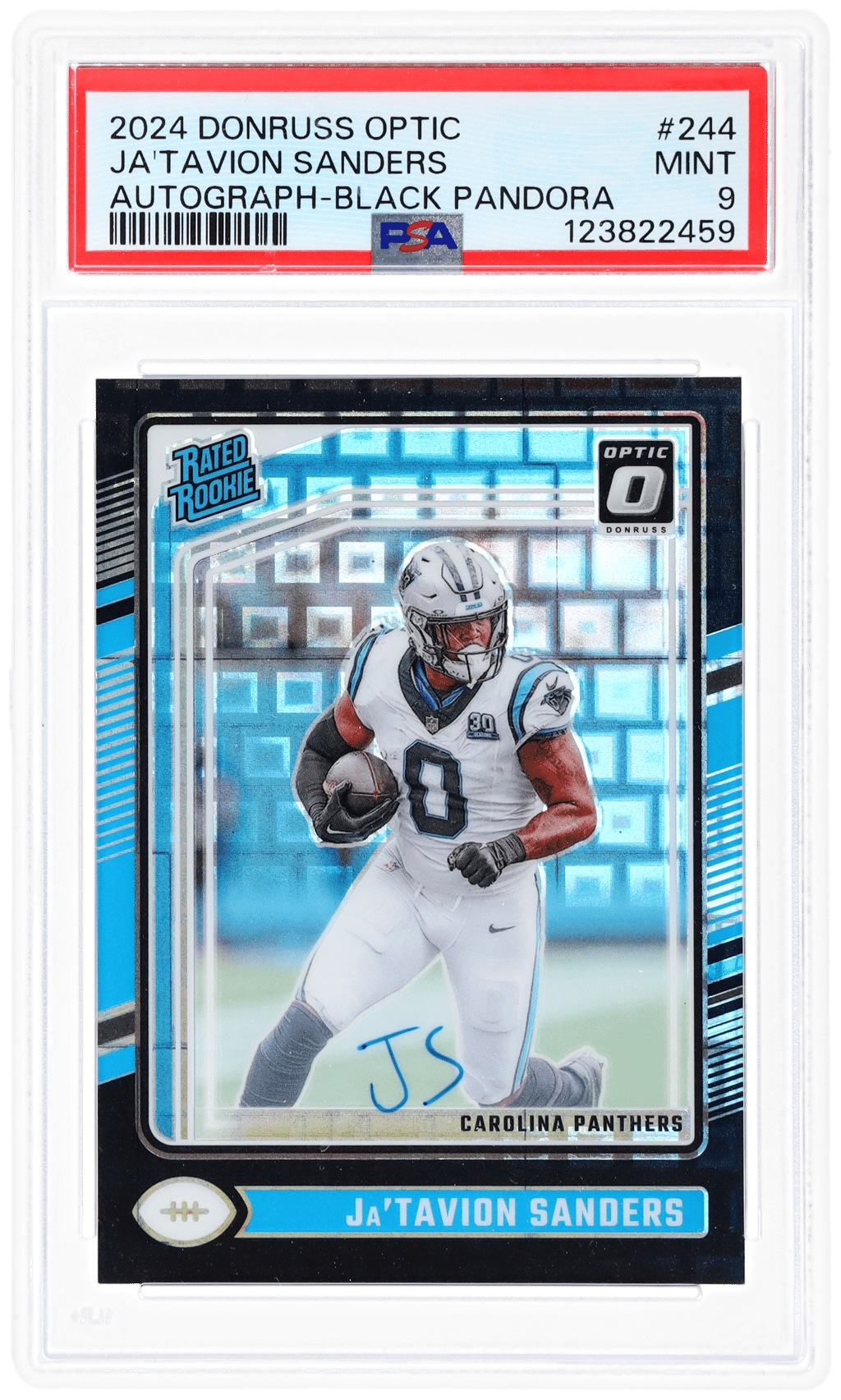 2024 Donruss Optic Rated Rookie Rps Autograph Black Pandora Ja'Tavion Sanders #244 13/25 PSA 9