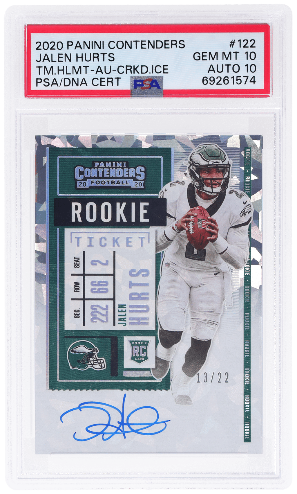 2020 Panini Contenders Team Helmet Variation Rookie Ticket Autograph Cracked Ice Jalen Hurts #122 13/22 PSA 10