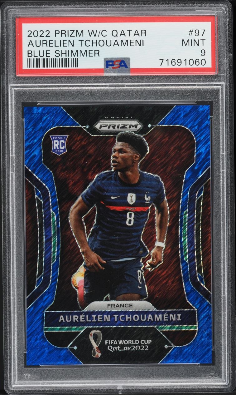 2022 Panini Prizm World Cup Qatar Blue Shimmer Aurelien Tchouameni ROOKIE /5 #97 PSA 9 MINT