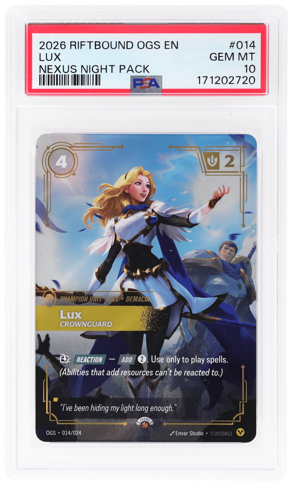 2026 Riftbound League of Legends Origins Proving Grounds Spiritforged Nexus Night Pack Lux #014 PSA 10