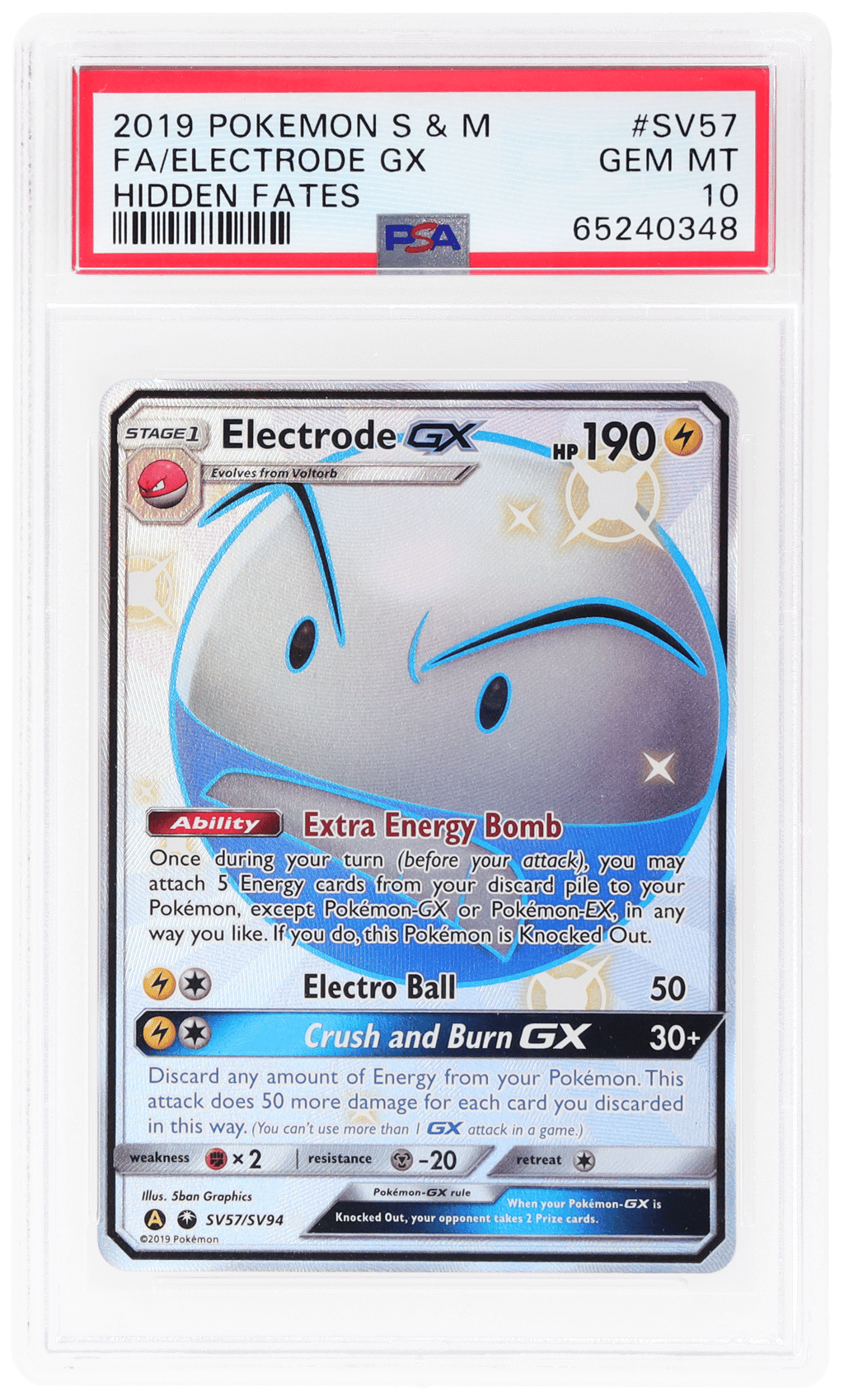 2019 Pokemon Sun and Moon Hidden Fates Shiny Vault Electrode Gx #SV57 PSA 10