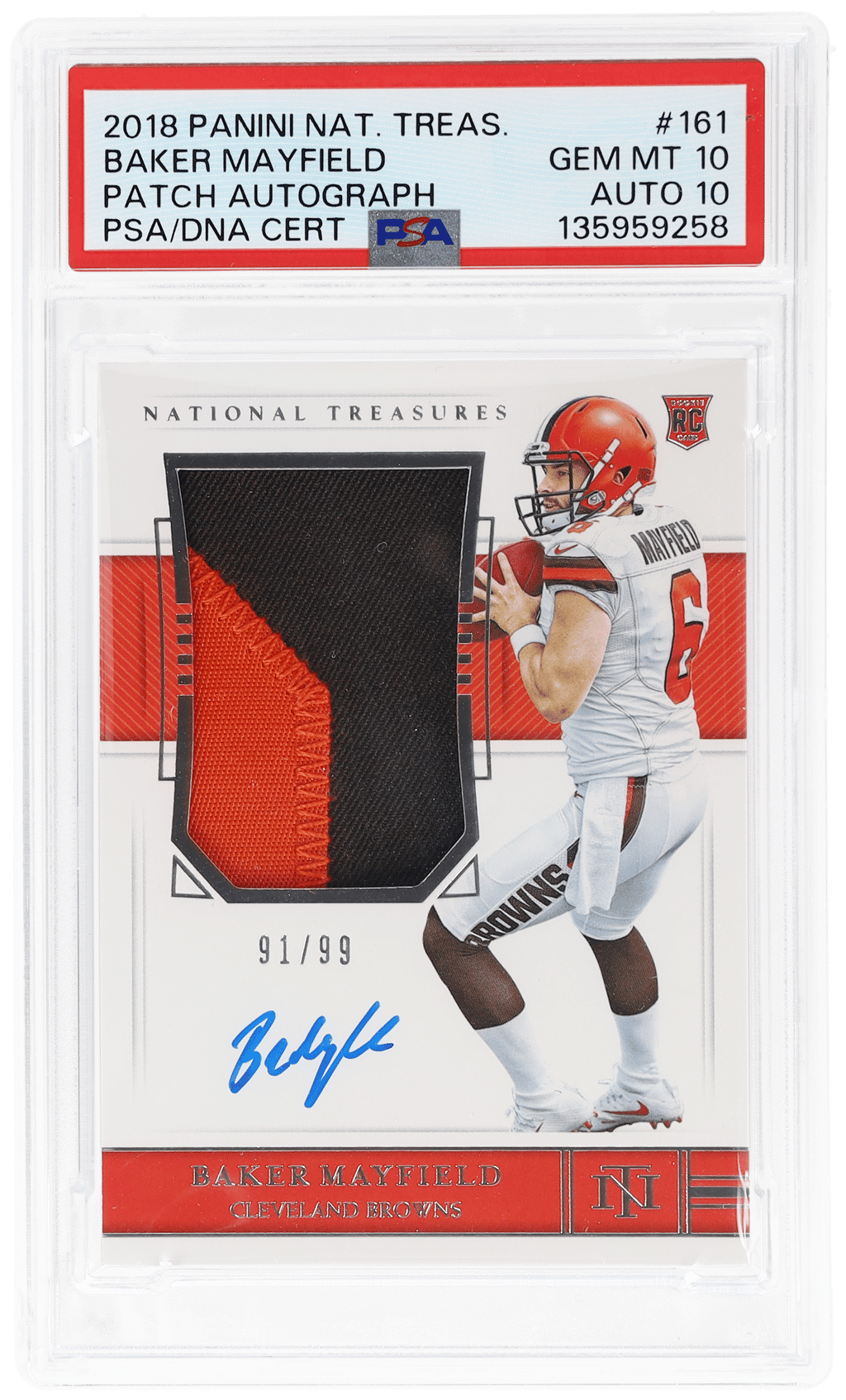 2018 National Treasures Rookie Patch Autograph Baker Mayfield #161 91/99 PSA 10