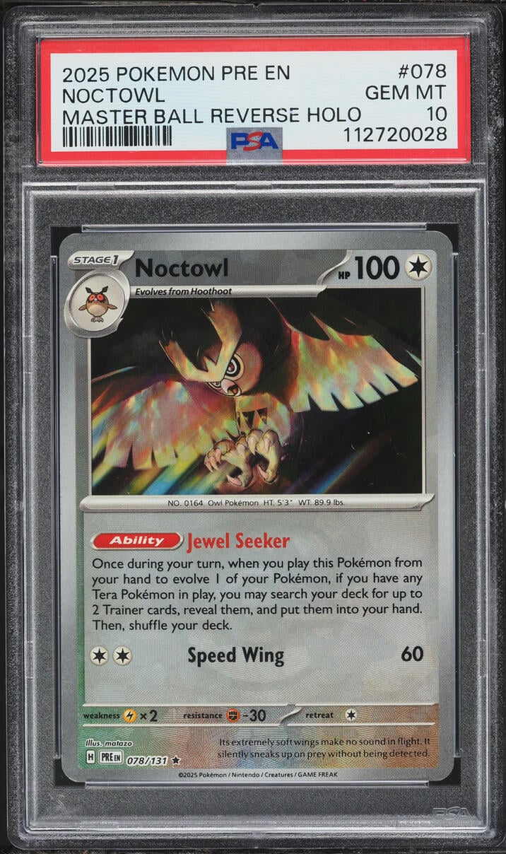 2025 Pokemon SV Prismatic Evolutions Master Ball Reverse Holo Noctowl #78 PSA 10 GEM MINT