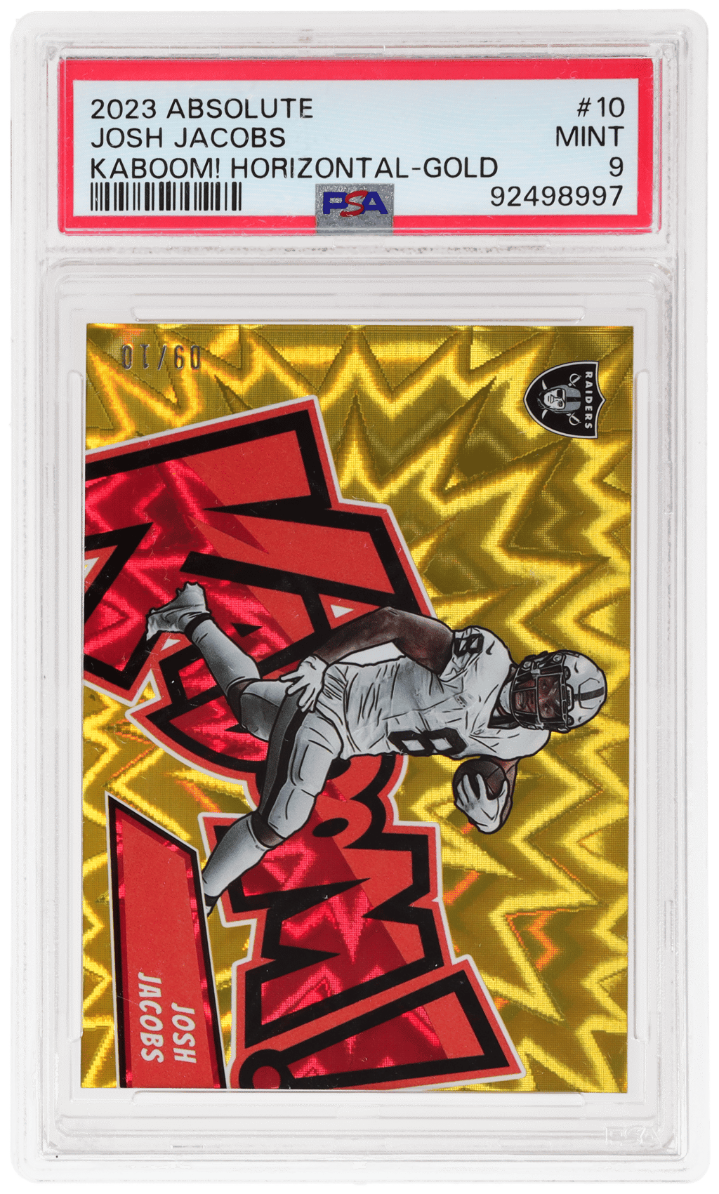 2023 Panini Absolute Kaboom Horizontal Gold Josh Jacobs #10 9/10 PSA 9