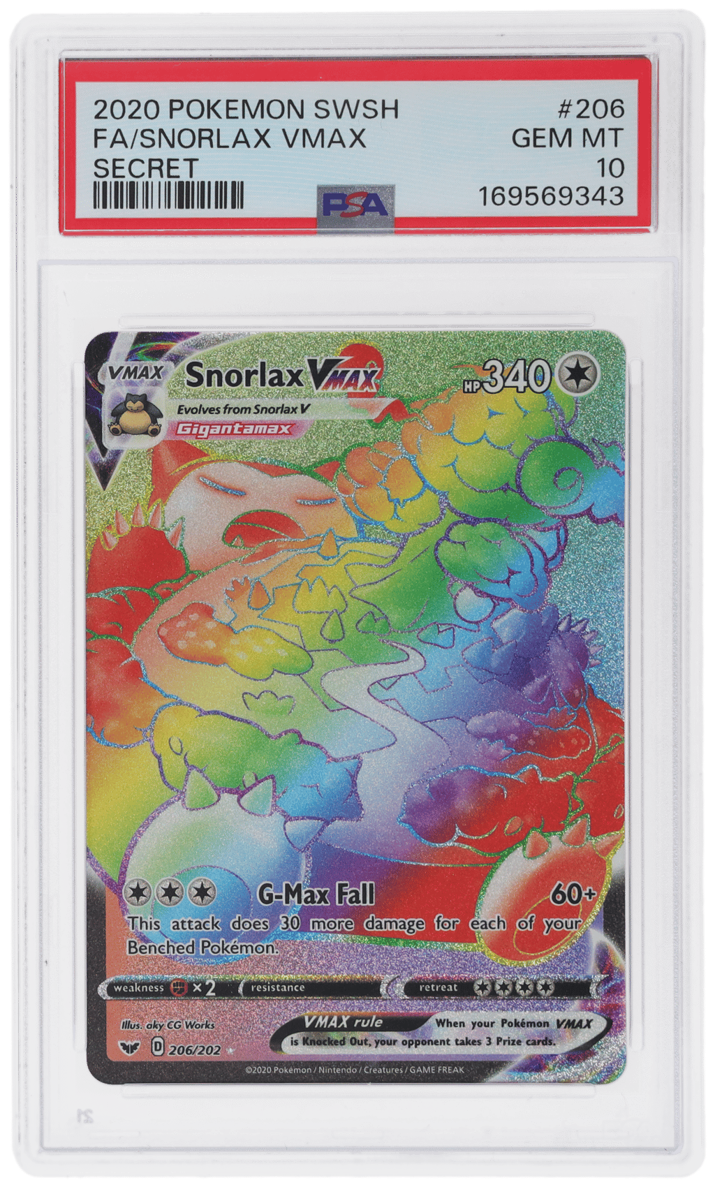 2020 Pokemon Sword and Shield Secret Rare Snorlax Vmax #206 PSA 10