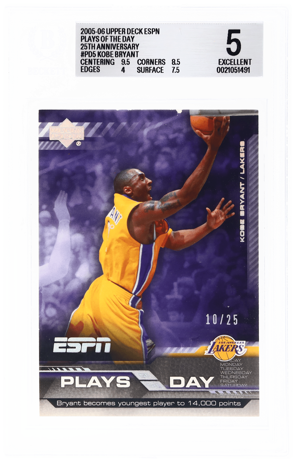 2005 Upper Deck Espn Plays of the Day 25th Anniversary Kobe Bryant #PD5 10/25 BGS 5