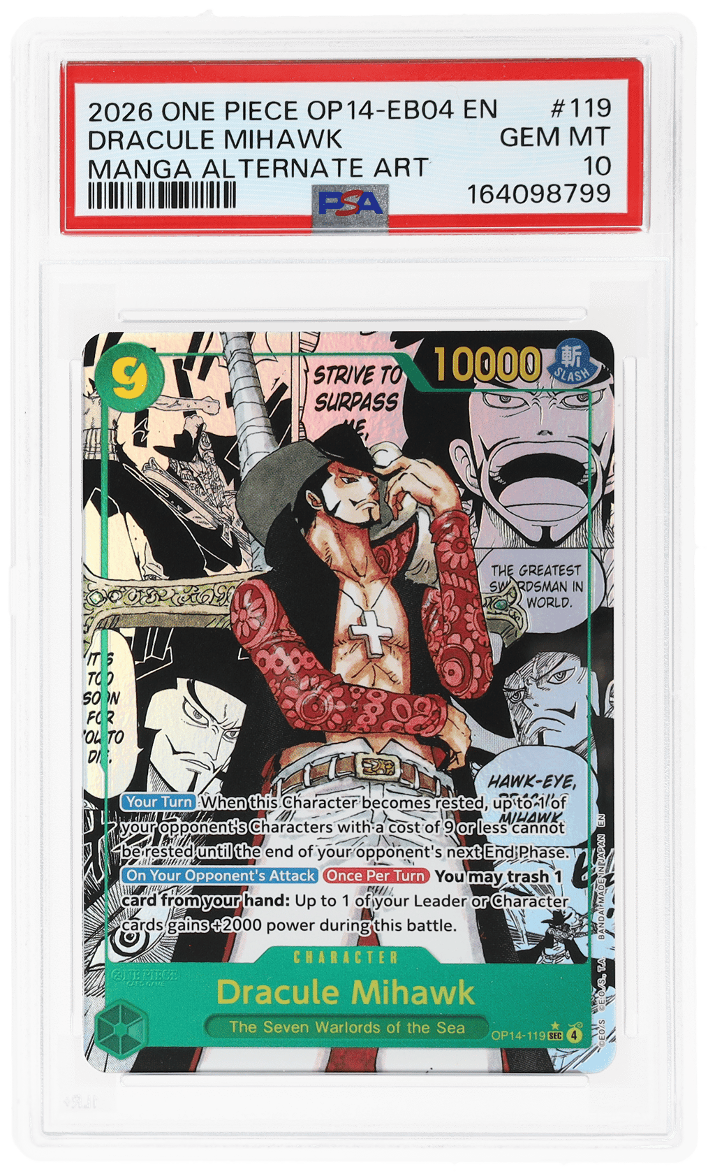 2026 One Piece the Azure Sea's Seven Manga Alternate Art Dracule Mihawk #OP14-119 PSA 10