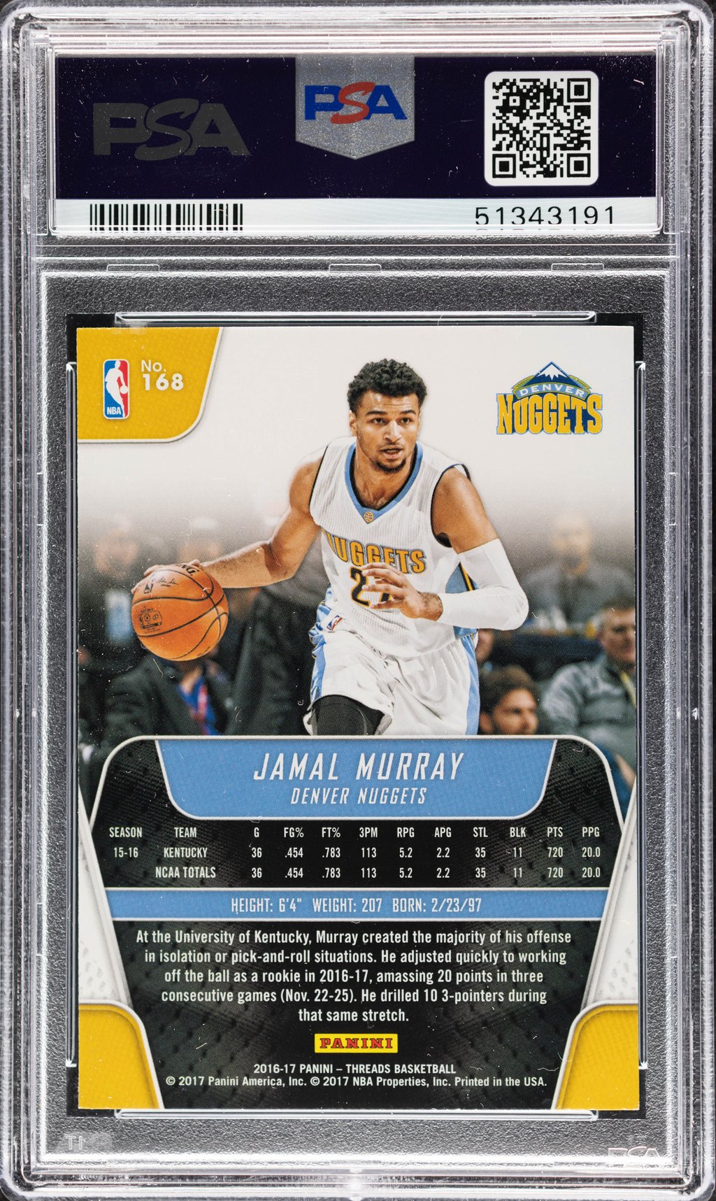 2016 Panini Threads Dazzle Jamal Murray #168 PSA 8 (back)