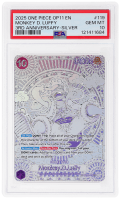 2025 One Piece A Fist of Divine Speed 3rd Anniversary Special Alternate Art Silver Monkey D. Luffy #OP05-119, PSA 10