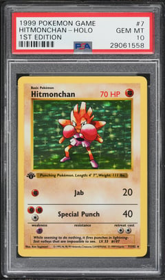 1999 Pokemon Base Set Shadowless 1st Edition Holo Hitmonchan #7, PSA 10