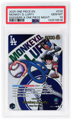 2025 One Piece Dodgers X Night Promo Leader Monkey D. Luffy #EB02010, PSA 10