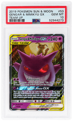 2019 Pokemon Sun and Moon Team Up Gengar/Mimikyu Gx #53, PSA 10