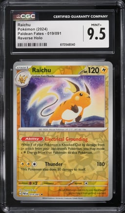 2024 Pokemon Scarlet & Violet Paldean Fates Reverse Holo Raichu #019 CGC 9.5 MINT+