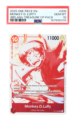 2025 One Piece Promotional Cards 3rd Anniversary Treasure Campaign Pack Monkey D. Luffy #ST10-006 PSA 10