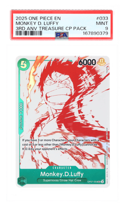 2025 One Piece Promo 3rd Anniversary Treasure Campcaign Pack Monkey D. Luffy #OP07-033 PSA 9