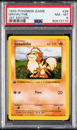 1999 POKEMON GAME #28 GROWLITHE 1ST EDITION PSA 8