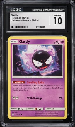 2019 Pokemon Sun & Moon Unbroken Bonds Gastly #67 CGC 10 GEM MINT