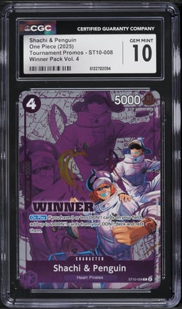 2025 One Piece Tournament Promos Winner Pack Vol. 4 Shachi & Penguin #ST10-008 CGC 10 GEM MINT