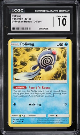 2019 Pokemon Sun & Moon Unbroken Bonds Poliwag #36 CGC 10 GEM MINT