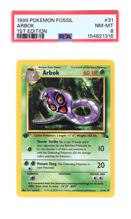 1999 Pokemon Fossil 1st Edition Arbok #31 PSA 8