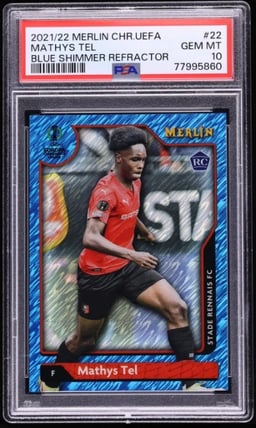 2021 Topps Merlin Chrome UEFA Blue Shimmer Refractor Mathys Tel ROOKIE /75 #22 PSA 10 GEM MINT