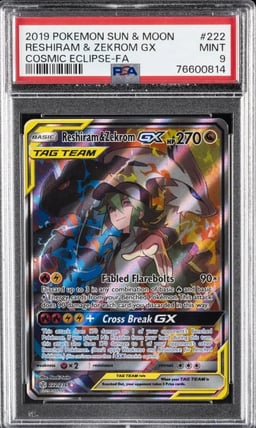 2019 POKEMON SUN & MOON COSMIC ECLIPSE #222 FULL ART/RESHIRAM & ZEKROM GX PSA 9