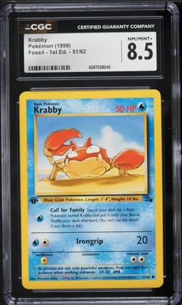 1999 Pokemon Fossil 1st Edition Krabby #51 CGC 8.5 NM-MT+