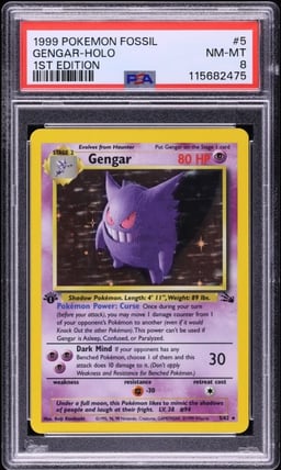 1999 Pokemon Fossil 1st Edition Holo Gengar #5 PSA 8 NM-MT