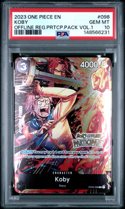 2023 ONE PIECE PROMOS 098 KOBY OFFLINE REGIONAL PARTICIPATION PACK VOL.1 PSA 10